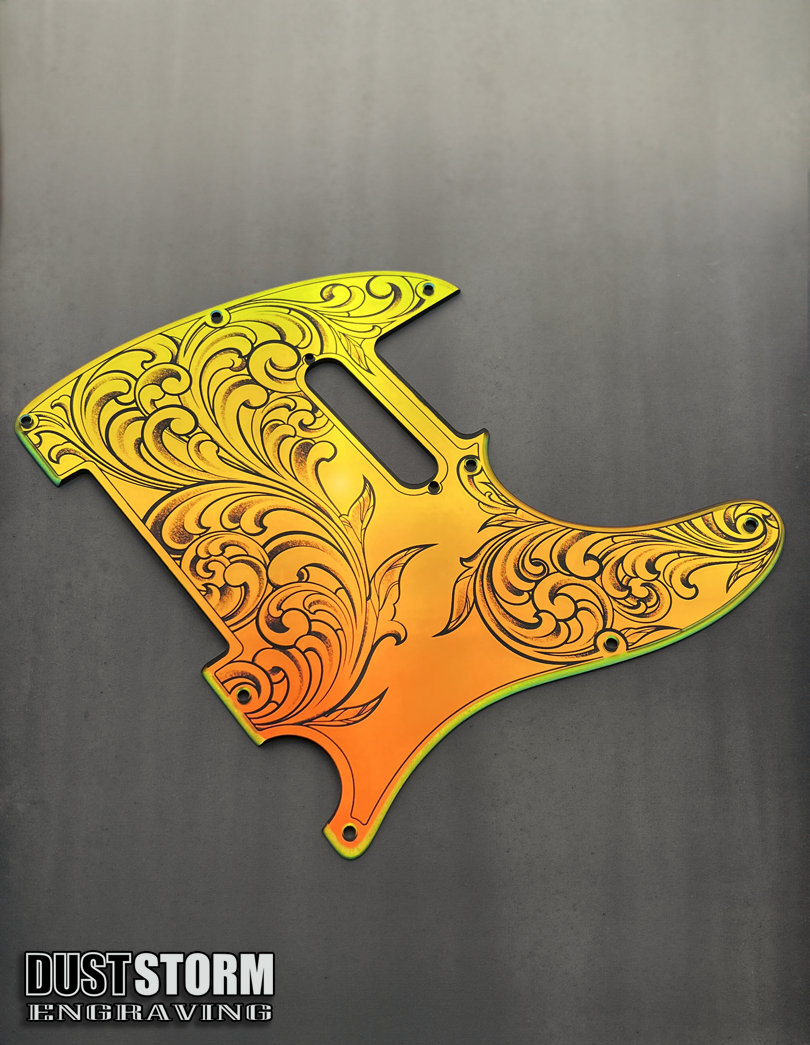 Engraved 8 Hole Pickguard for Fender Telecaster in Iridescent Gold Acrylic Mirror American/Mexican Tele Guitar Scratch Plate Standard or Humbucker Cut Available