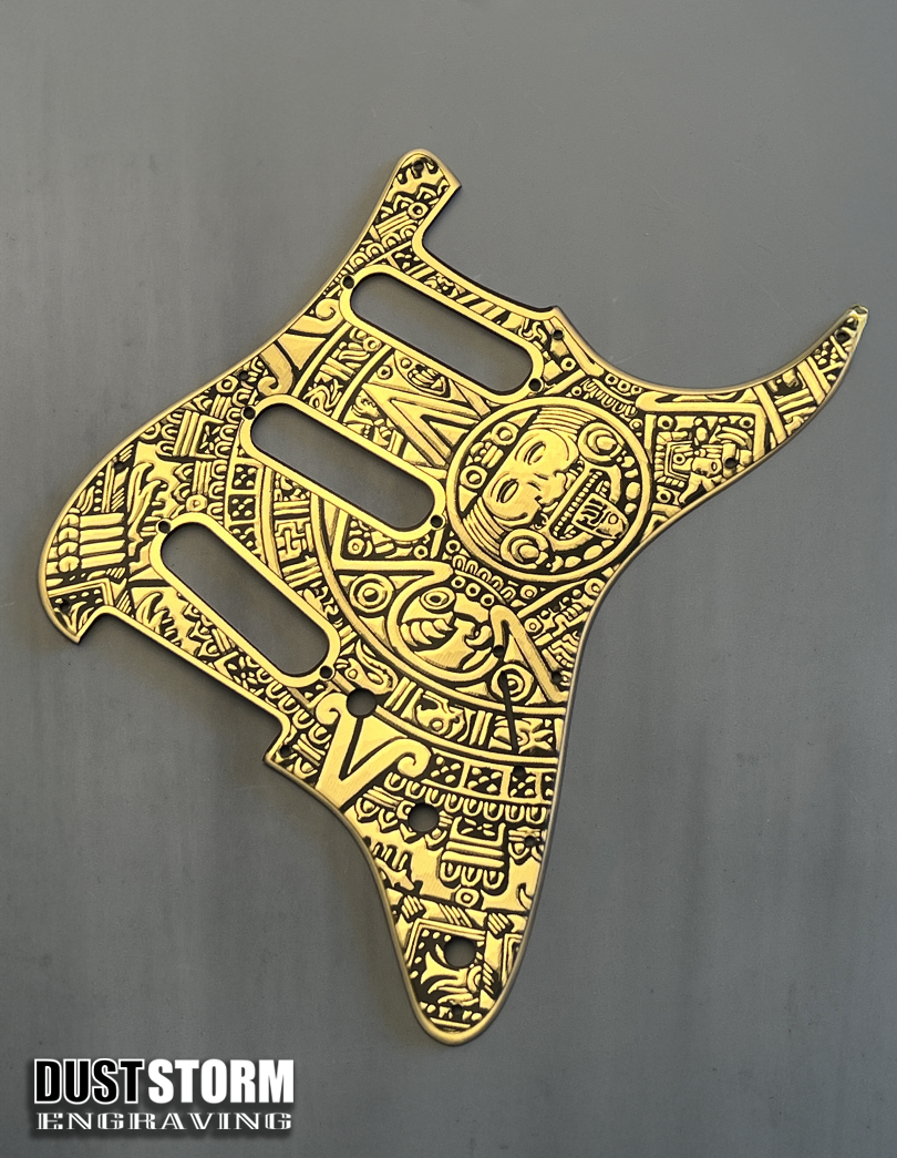 Engraved Mayan Calendar Pickguard for Fender Stratocaster & Free Tremolo Cover Gold Acrylic Mirror SSS, HSS, HSH Setups Available
