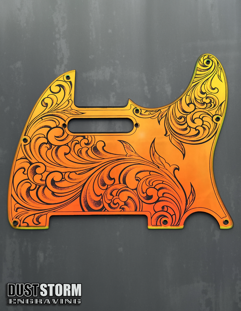 Engraved 8 Hole Pickguard for Fender Telecaster in Iridescent Gold Acrylic Mirror American/Mexican Tele Guitar Scratch Plate Standard or Humbucker Cut Available