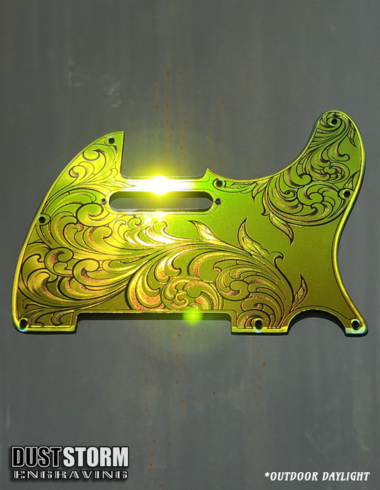 Engraved 8 Hole Pickguard for Fender Telecaster in Iridescent Gold Acrylic Mirror American/Mexican Tele Guitar Scratch Plate Standard or Humbucker Cut Available
