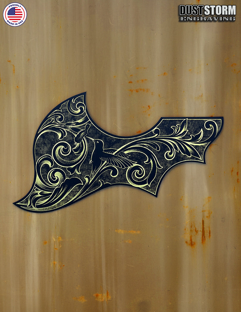 Gibson Hummingbird Style Acoustic Guitar Pickguard – Acrylic Mirror, Laser Engraved, Black with Gold