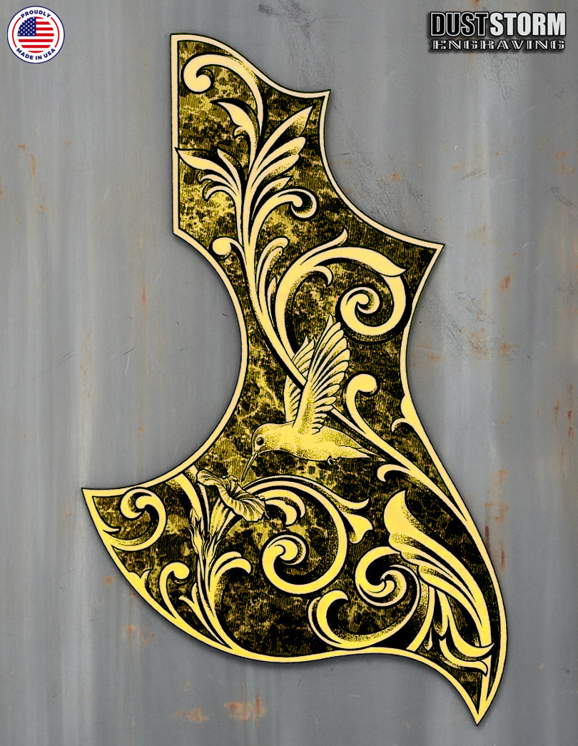 Gibson Hummingbird Style Acoustic Guitar Pickguard – Acrylic Mirror, Laser Engraved, Gold