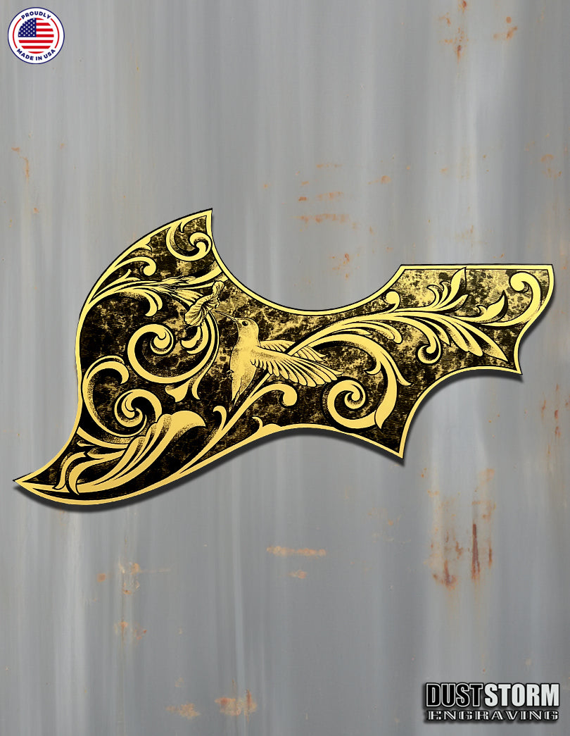 Gibson Hummingbird Style Acoustic Guitar Pickguard – Acrylic Mirror, Laser Engraved, Gold