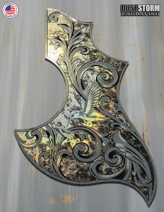Gibson Hummingbird Style Acoustic Guitar Pickguard – Acrylic Mirror, Laser Engraved, Gold