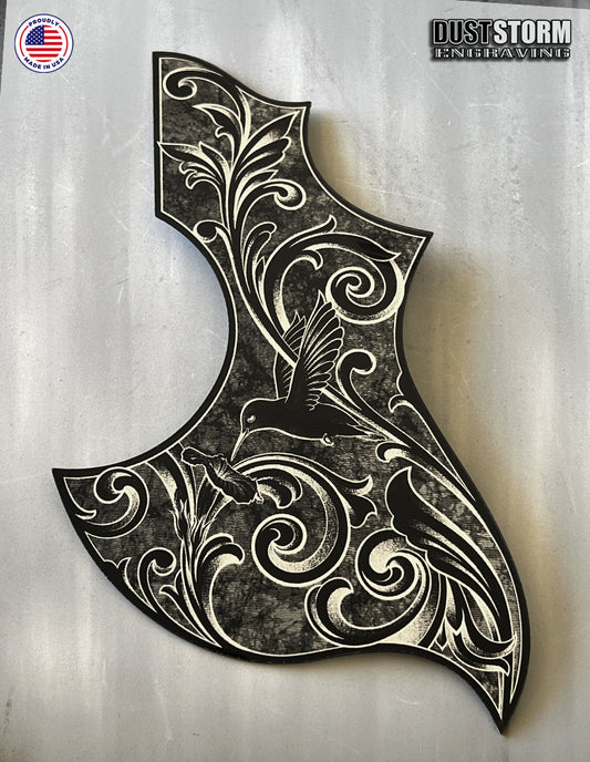 Gibson Hummingbird Style Acoustic Guitar Pickguard – Acrylic Mirror, Laser Engraved, Black with Silver