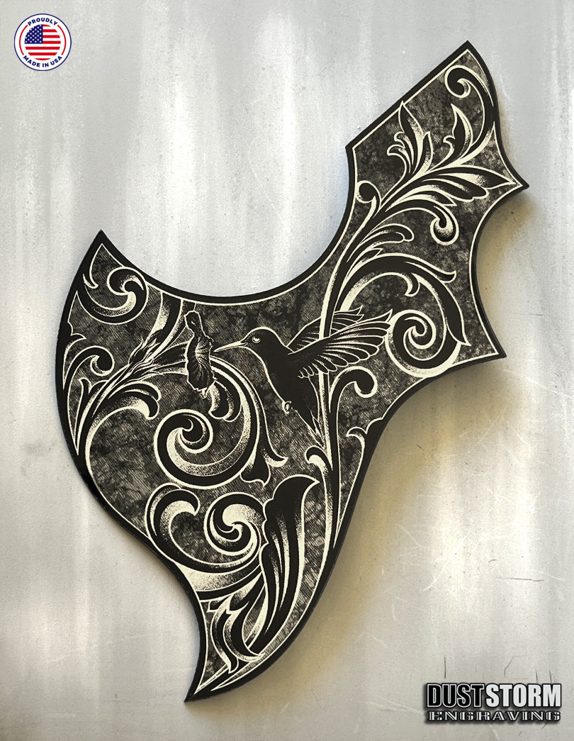 Gibson Hummingbird Style Acoustic Guitar Pickguard – Acrylic Mirror, Laser Engraved, Black with Silver