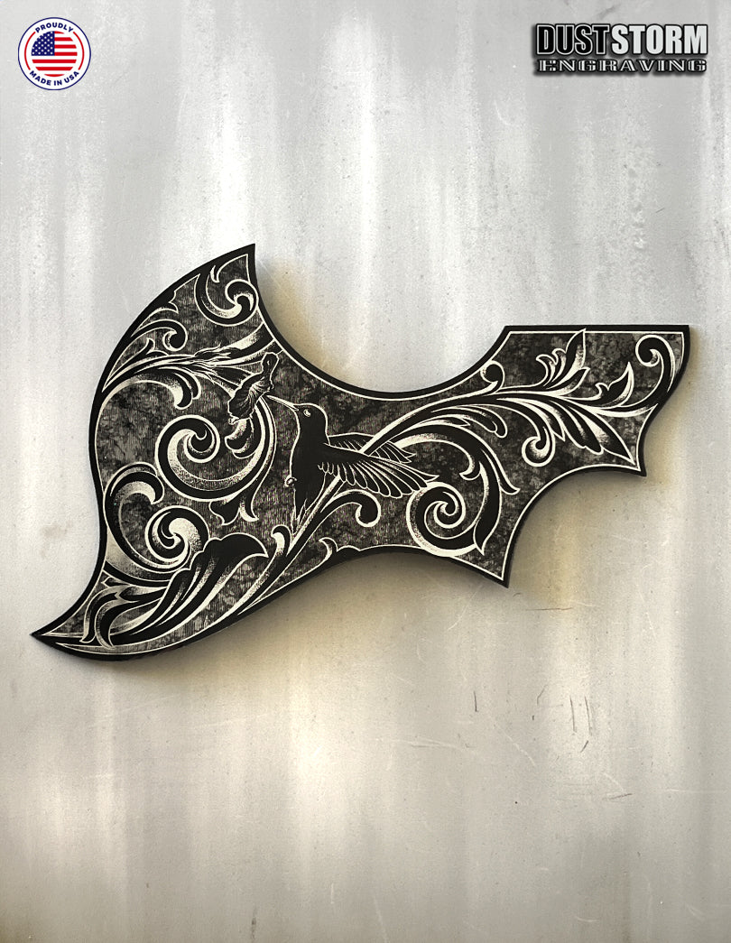 Gibson Hummingbird Style Acoustic Guitar Pickguard – Acrylic Mirror, Laser Engraved, Black with Silver