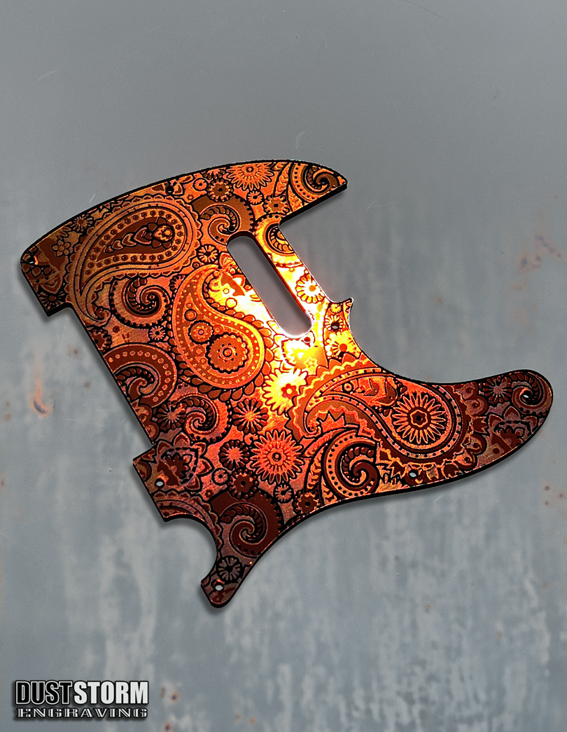 Engraved 8 Hole Paisley Pickguard for Fender Telecaster in Golden Copper Acrylic Mirror American/Mexican Tele Guitar Scratch Plate Standard or Humbucker Cut Available