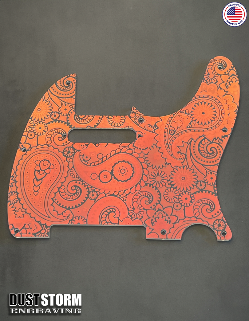 Engraved 8 Hole Paisley Pickguard for Fender Telecaster in Iridescent Rainbow Acrylic Mirror American/Mexican Tele Guitar Scratch Plate Standard or Humbucker Cut Available