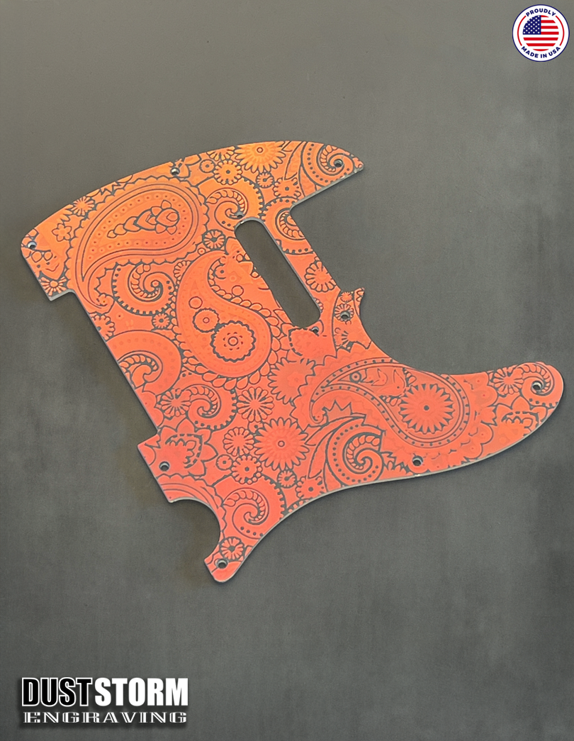 Engraved 8 Hole Paisley Pickguard for Fender Telecaster in Iridescent Rainbow Acrylic Mirror American/Mexican Tele Guitar Scratch Plate Standard or Humbucker Cut Available