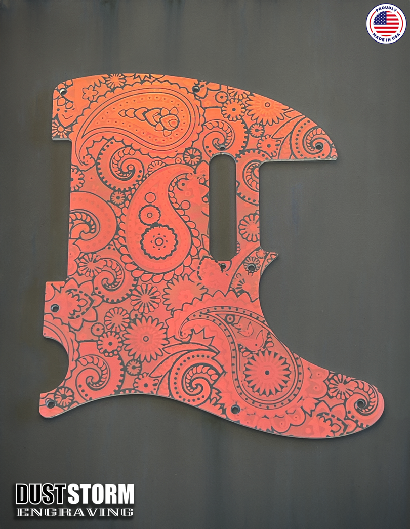 Engraved 8 Hole Paisley Pickguard for Fender Telecaster in Iridescent Rainbow Acrylic Mirror American/Mexican Tele Guitar Scratch Plate Standard or Humbucker Cut Available