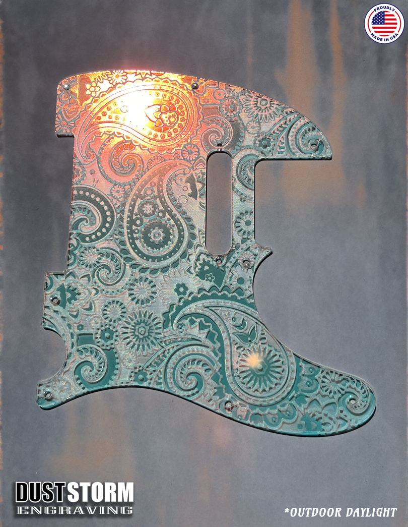 Engraved 8 Hole Paisley Pickguard for Fender Telecaster in Iridescent Rainbow Acrylic Mirror American/Mexican Tele Guitar Scratch Plate Standard or Humbucker Cut Available