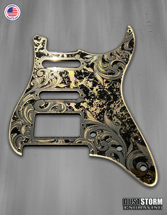 Laser‑Engraved Stratocaster Pickguard for Lari Basilio Pickup Set with Trembucker at Bridge — Gold Acrylic Mirror + Tremolo Cover