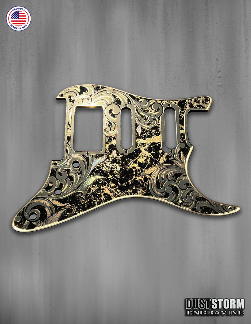 Laser‑Engraved Stratocaster Pickguard for Lari Basilio Pickup Set with Trembucker at Bridge — Gold Acrylic Mirror + Tremolo Cover