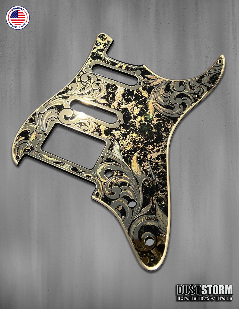 Laser‑Engraved Stratocaster Pickguard for Lari Basilio Pickup Set with Trembucker at Bridge — Gold Acrylic Mirror + Tremolo Cover