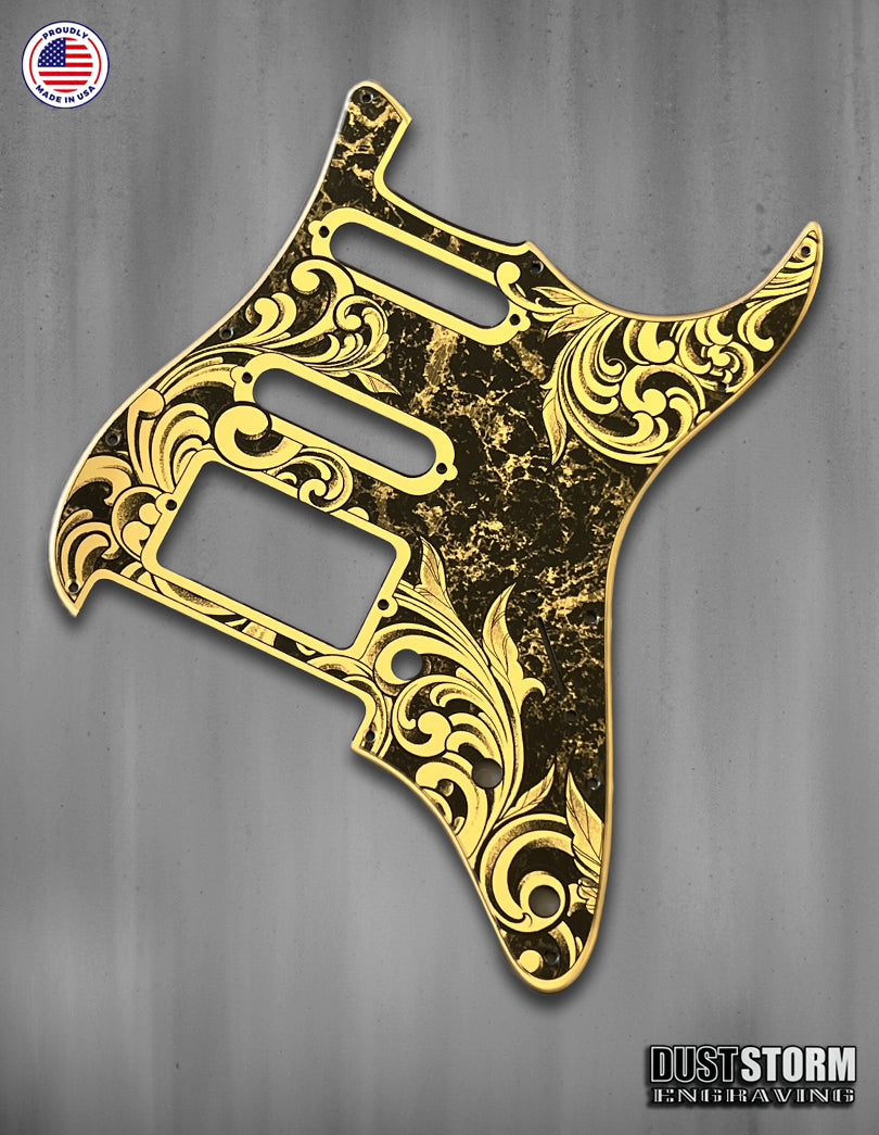Laser‑Engraved Stratocaster Pickguard for Lari Basilio Pickup Set with Trembucker at Bridge — Gold Acrylic Mirror + Tremolo Cover