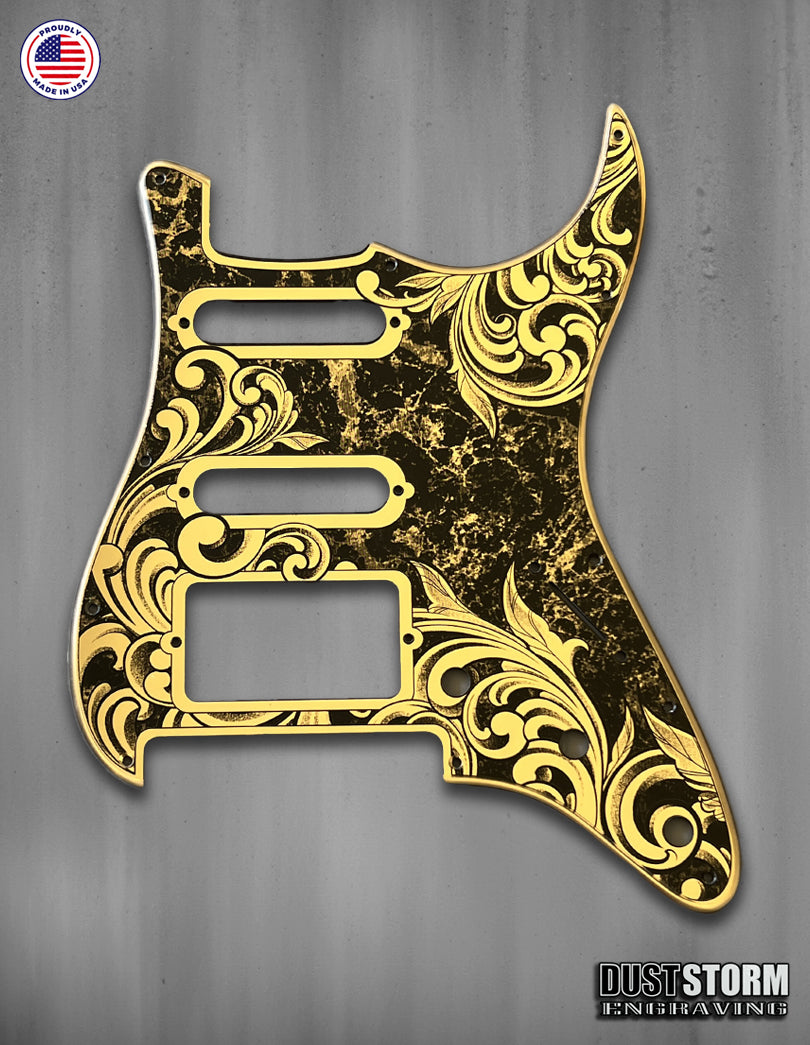 Laser‑Engraved Stratocaster Pickguard for Lari Basilio Pickup Set with Trembucker at Bridge — Gold Acrylic Mirror + Tremolo Cover