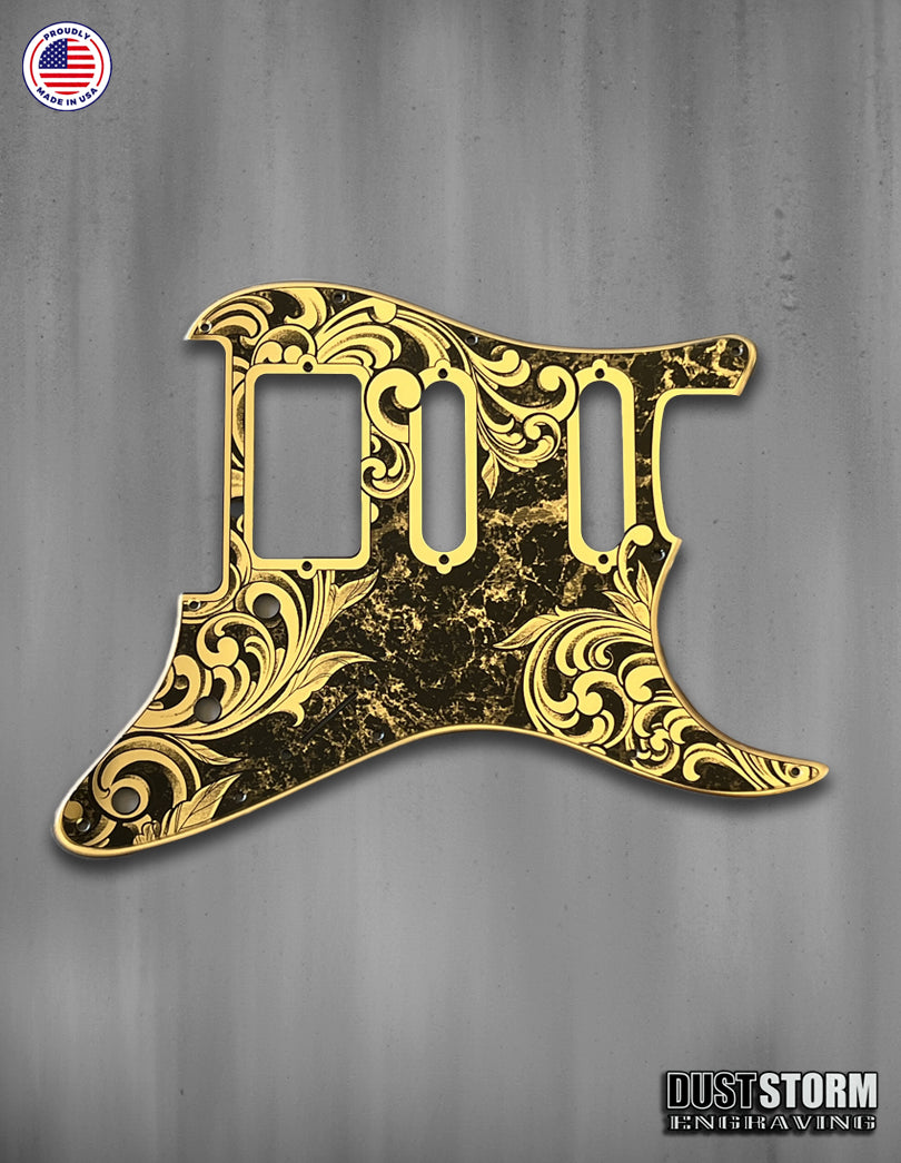 Laser‑Engraved Stratocaster Pickguard for Lari Basilio Pickup Set with Trembucker at Bridge — Gold Acrylic Mirror + Tremolo Cover