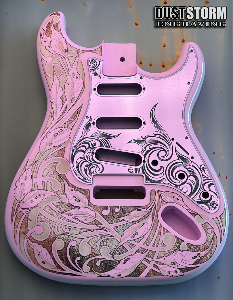 Custom Laser Engraved Pink Fender Strat Style Guitar Body with Lavender Acrylic Mirror Pickguard and Tremolo Cover HSH, HSS, SSS Setups Available