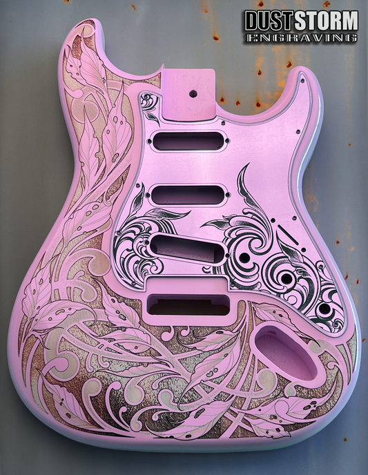 Custom Laser Engraved Pink Fender Strat Style Guitar Body with Lavender Acrylic Mirror Pickguard and Tremolo Cover HSH, HSS, SSS Setups Available