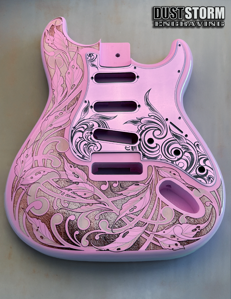 Custom Laser Engraved Pink Fender Strat Style Guitar Body with Lavender Acrylic Mirror Pickguard and Tremolo Cover HSH, HSS, SSS Setups Available