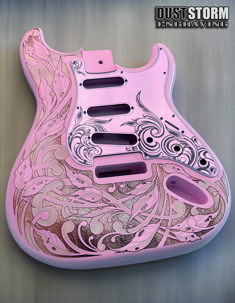 Custom Laser Engraved Pink Fender Strat Style Guitar Body with Lavender Acrylic Mirror Pickguard and Tremolo Cover HSH, HSS, SSS Setups Available