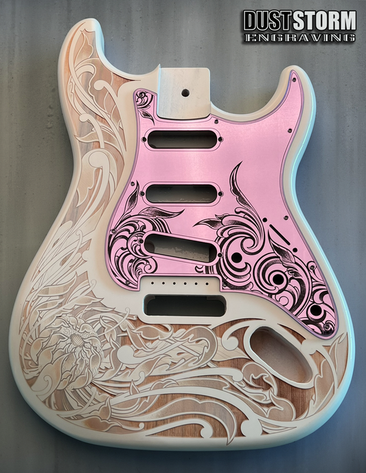 Custom Laser Engraved White Fender Strat Style Guitar Body with Lavender Acrylic Mirror Pickguard and Tremolo Cover HSH, HSS, SSS Setups Available