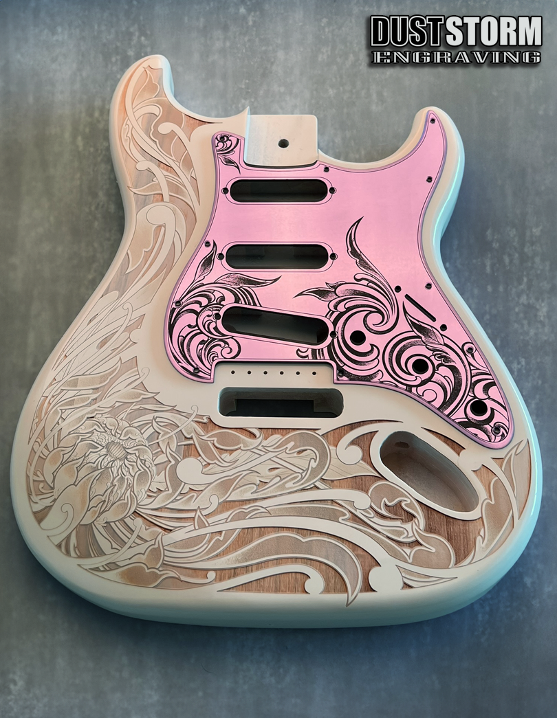 Custom Laser Engraved White Fender Strat Style Guitar Body with Lavender Acrylic Mirror Pickguard and Tremolo Cover HSH, HSS, SSS Setups Available