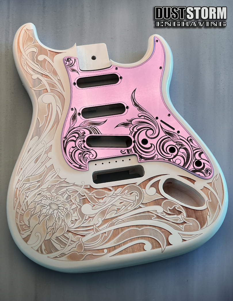 Custom Laser Engraved White Fender Strat Style Guitar Body with Lavender Acrylic Mirror Pickguard and Tremolo Cover HSH, HSS, SSS Setups Available