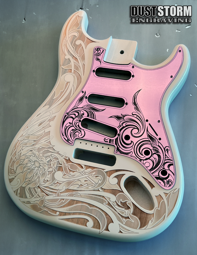 Custom Laser Engraved White Fender Strat Style Guitar Body with Lavender Acrylic Mirror Pickguard and Tremolo Cover HSH, HSS, SSS Setups Available