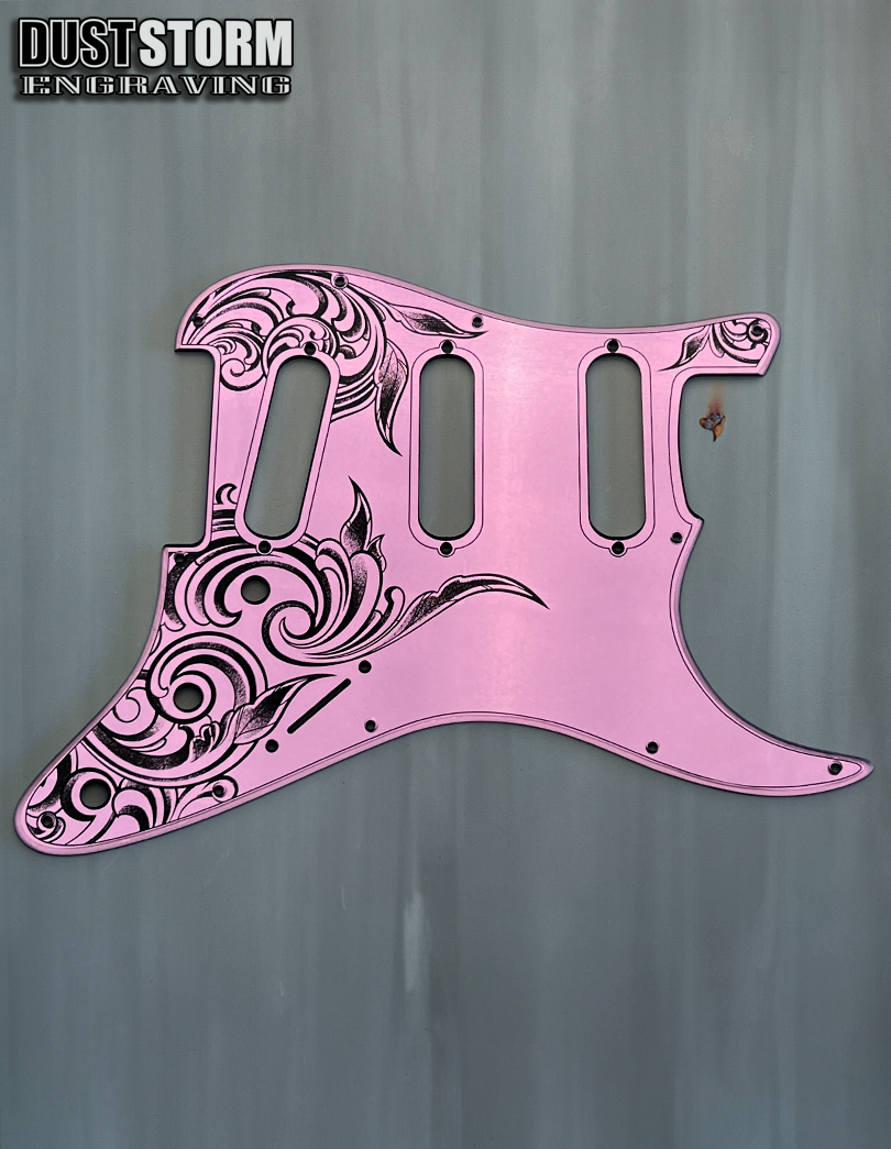 Custom Laser Engraved White Fender Strat Style Guitar Body with Lavender Acrylic Mirror Pickguard and Tremolo Cover HSH, HSS, SSS Setups Available