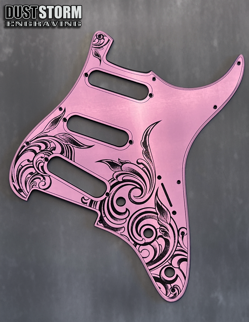 Custom Laser Engraved White Fender Strat Style Guitar Body with Lavender Acrylic Mirror Pickguard and Tremolo Cover HSH, HSS, SSS Setups Available