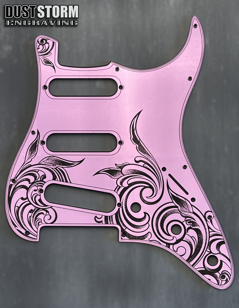 Custom Laser Engraved White Fender Strat Style Guitar Body with Lavender Acrylic Mirror Pickguard and Tremolo Cover HSH, HSS, SSS Setups Available