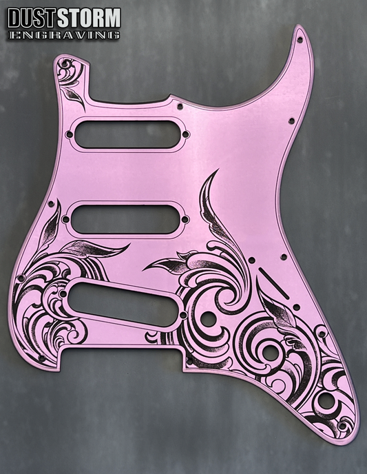 Engraved Pickguard & Free Tremolo Cover in Lavender Acrylic Mirror Design #4 for Fender Stratocaster SSS, HSS, HSH Setups Available