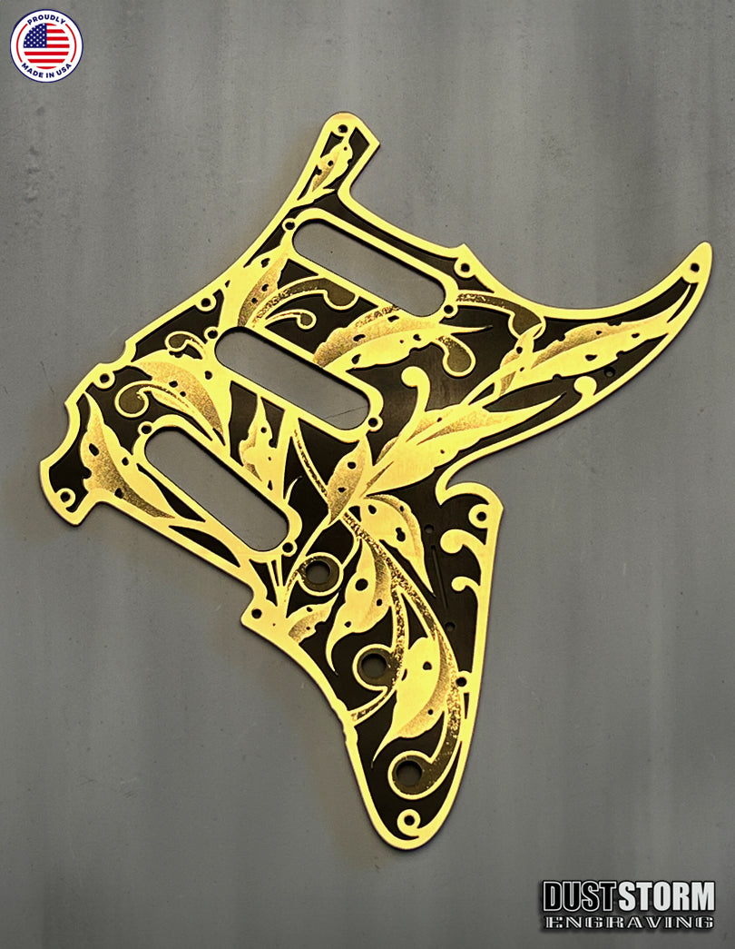 Engraved Layered Pickguard with Tremolo Cover in Acrylic Gold Mirror with Glossy Black for Fender Stratocaster HSH, HSS, SSS Setups Available