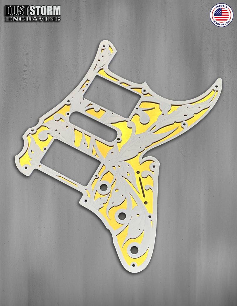 Shell Pink XGP Stratocaster Style Laser Engraved Guitar Body with White and Gold Layered Pickguard with White Tremolo Cover HSH, HSS, SSS Setups Available