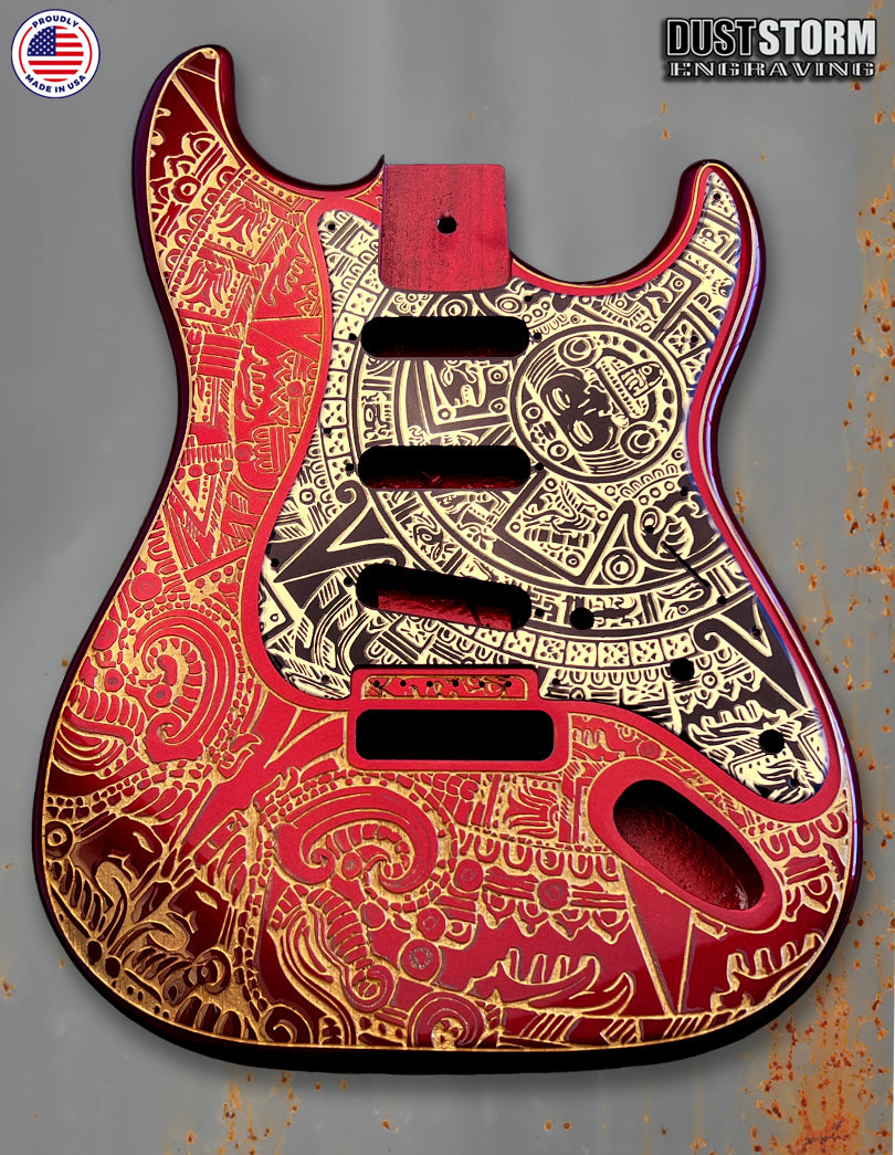 Mayan Calendar Engraved Fender Strat Style Guitar Body Sparkle Red with Pickguard and Tremolo Cover Gold and Black Acrylic Mirror HSH, HSS, SSS Setups Available