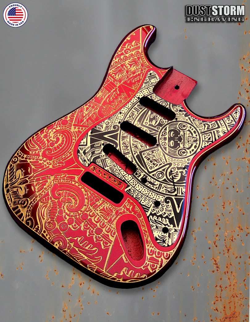 Mayan Calendar Engraved Fender Strat Style Guitar Body Sparkle Red with Pickguard and Tremolo Cover Gold and Black Acrylic Mirror HSH, HSS, SSS Setups Available