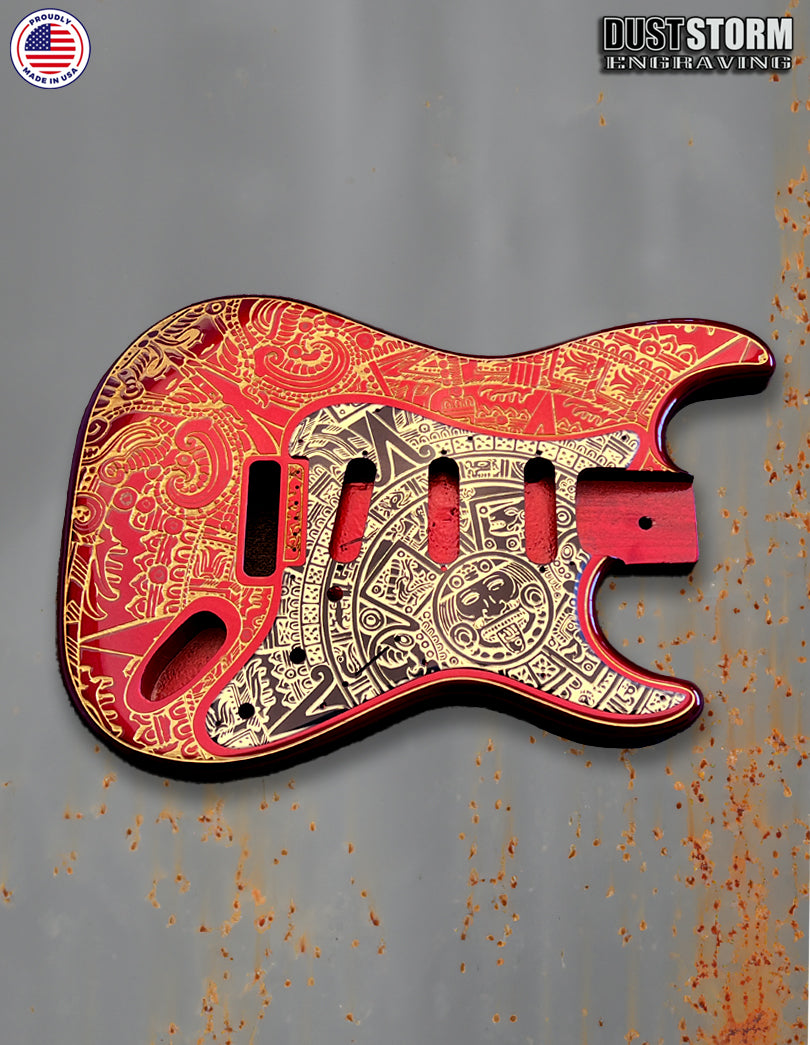 Mayan Calendar Engraved Fender Strat Style Guitar Body Sparkle Red with Pickguard and Tremolo Cover Gold and Black Acrylic Mirror HSH, HSS, SSS Setups Available