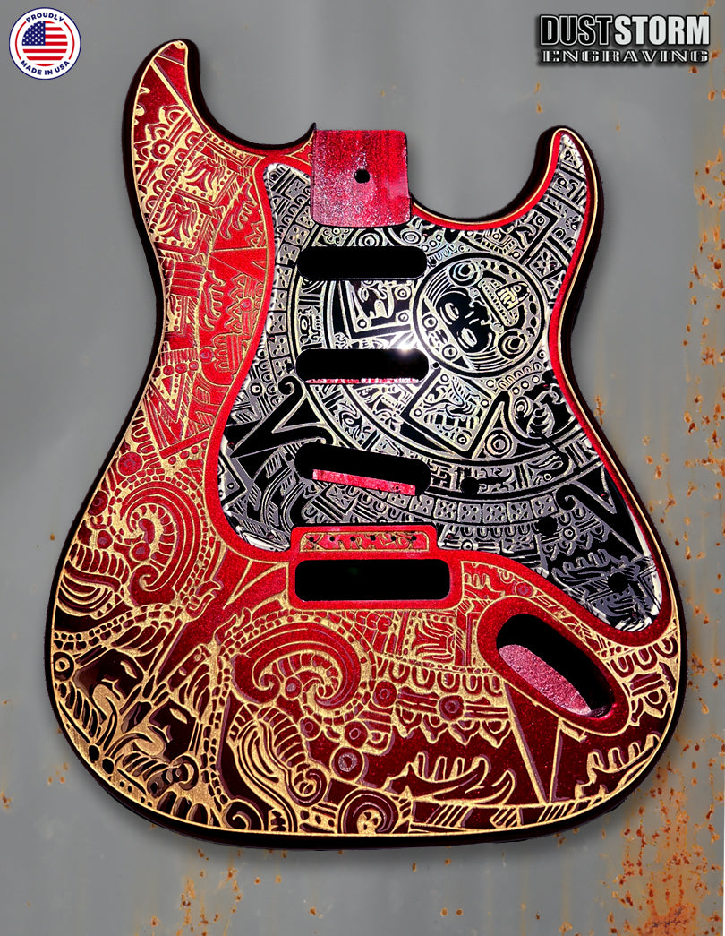Mayan Calendar Engraved Fender Strat Style Guitar Body Sparkle Red with Pickguard and Tremolo Cover Gold and Black Acrylic Mirror HSH, HSS, SSS Setups Available