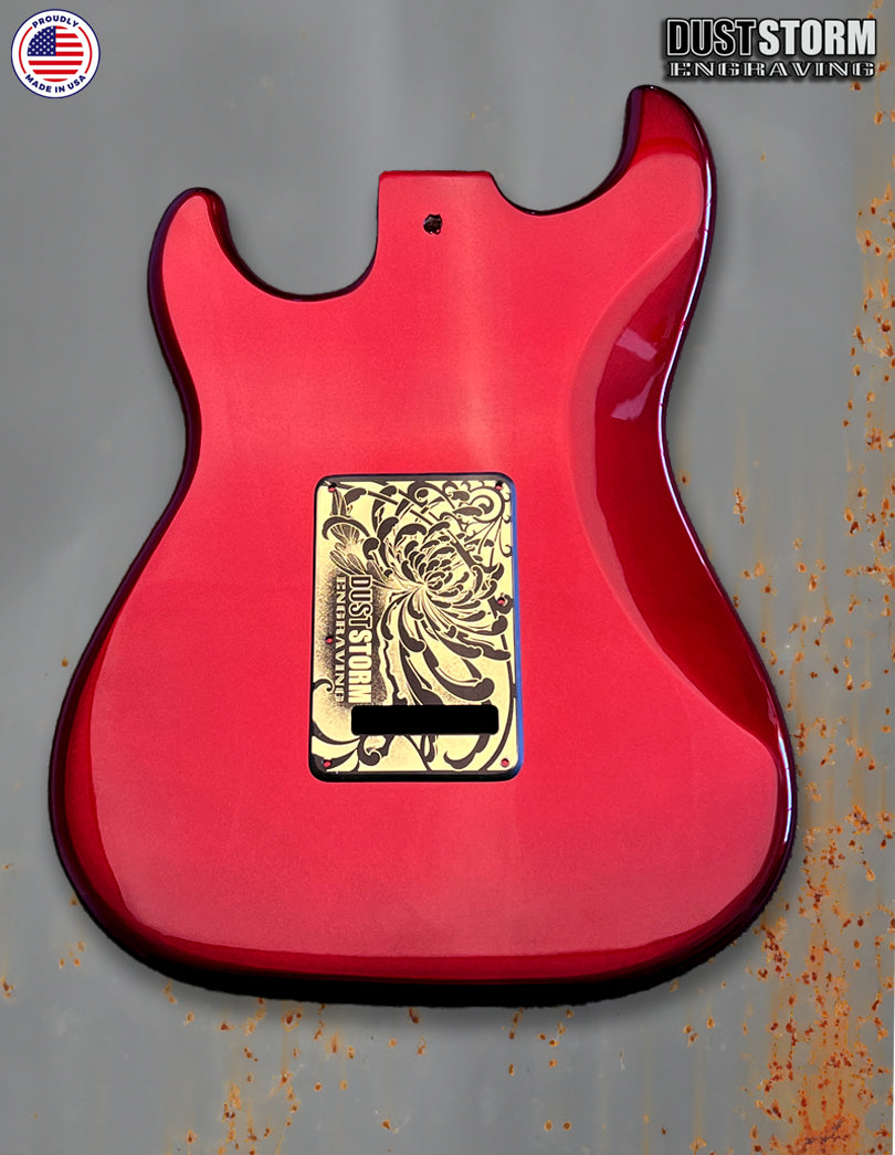 Mayan Calendar Engraved Fender Strat Style Guitar Body Sparkle Red with Pickguard and Tremolo Cover Gold and Black Acrylic Mirror HSH, HSS, SSS Setups Available