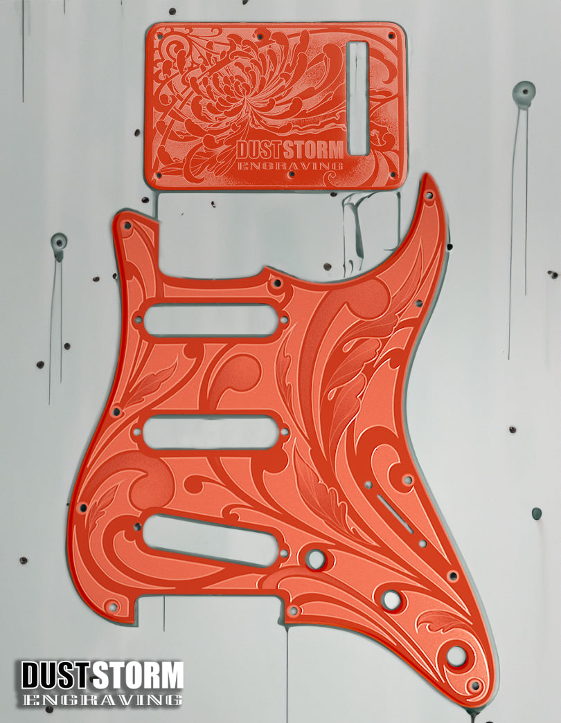Engraved Pickguard & Free Tremolo Cover in Glossy Acrylic 10 Solid Color Choices Design #1 for Fender Stratocaster HSH, HSS, SSS Setups Available