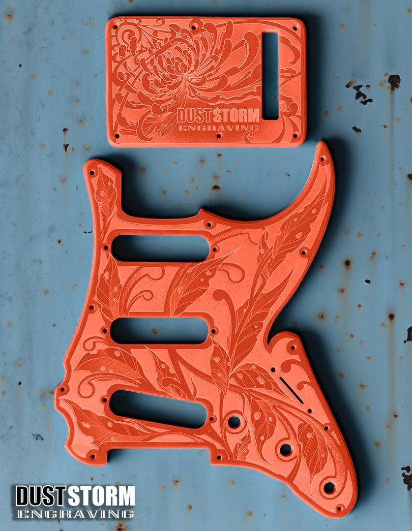 Engraved Pickguard & Free Tremolo Cover in Glossy Acrylic 10 Solid Color Choices Design #3 for Fender Stratocaster HSH, HSS, SSS Setups Available