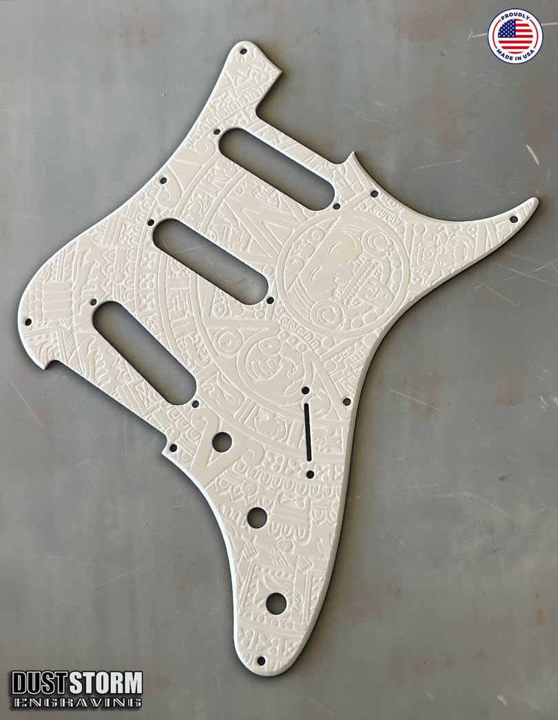 Mayan Calendar Pickguard Tremolo Cover Set - Engraved Solid White Acrylic - for PRS Silver Sky