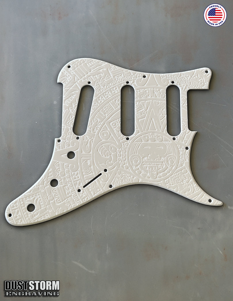 Mayan Calendar Pickguard Tremolo Cover Set - Engraved Solid White Acrylic - for PRS Silver Sky
