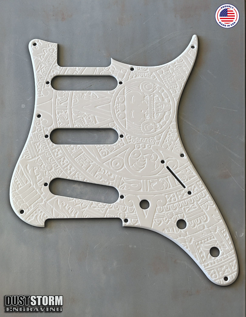 Mayan Calendar Pickguard Tremolo Cover Set - Engraved Solid White Acrylic - for PRS Silver Sky