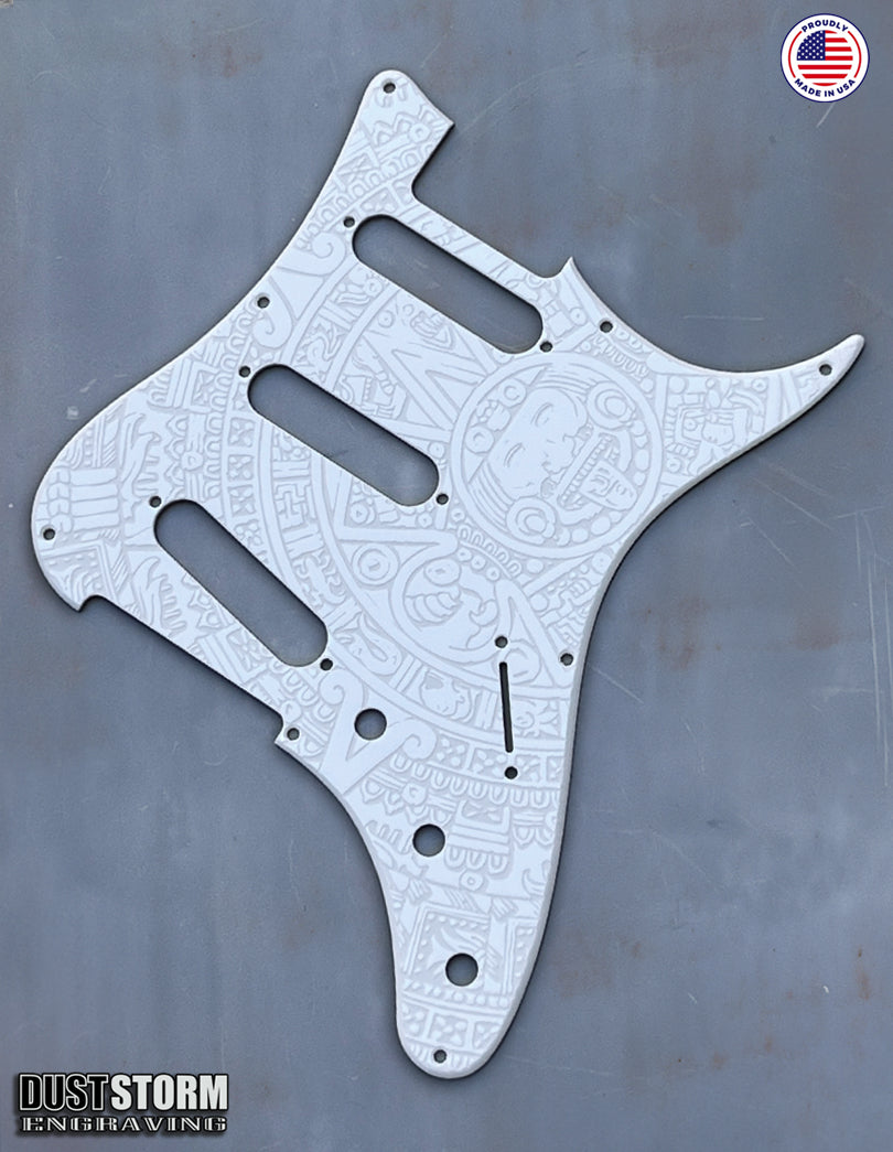 Mayan Calendar Pickguard Tremolo Cover Set - Engraved Solid White Acrylic - for PRS Silver Sky