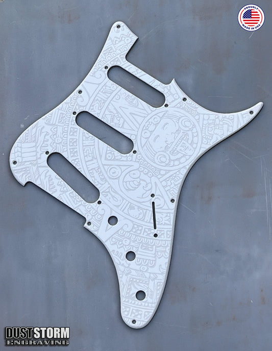 Mayan Calendar Pickguard Tremolo Cover Set - Engraved Solid White Acrylic - for PRS Silver Sky