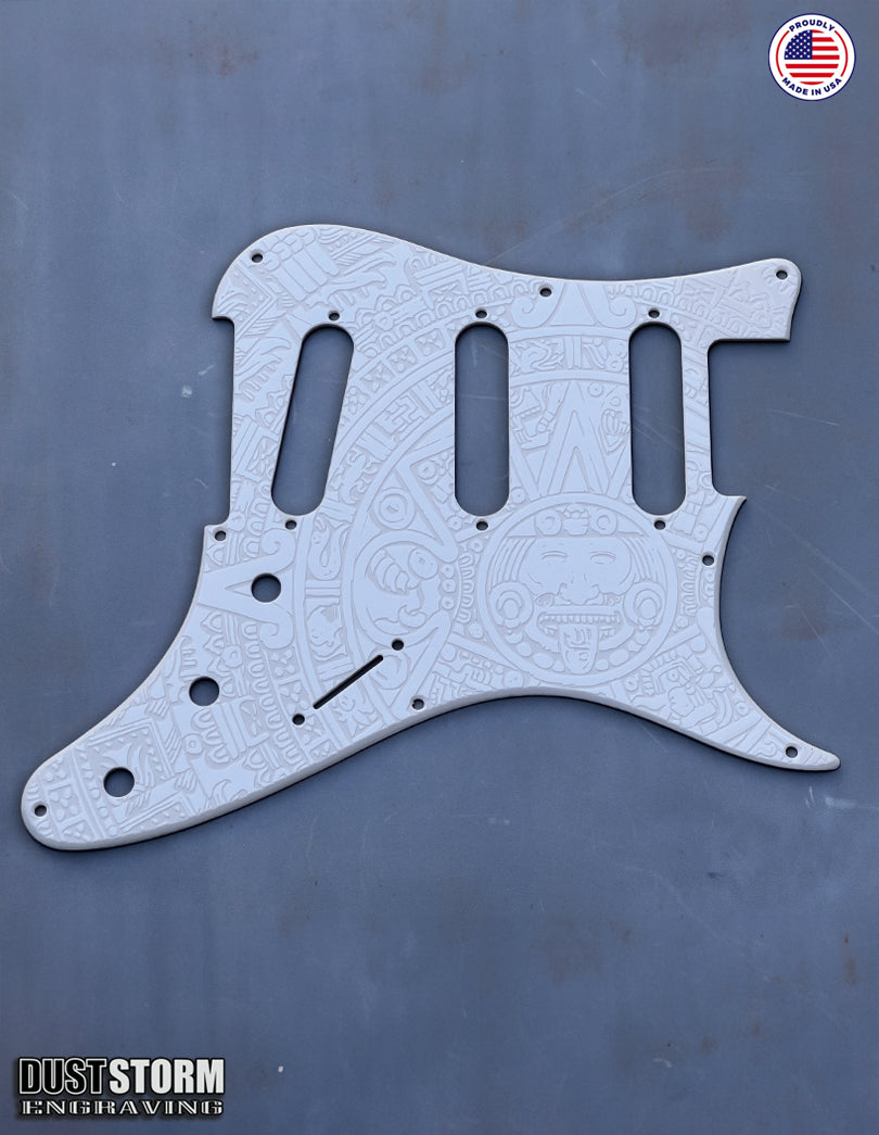 Mayan Calendar Pickguard Tremolo Cover Set - Engraved Solid White Acrylic - for PRS Silver Sky