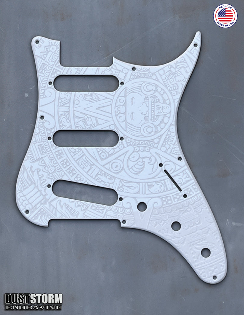 Mayan Calendar Pickguard Tremolo Cover Set - Engraved Solid White Acrylic - for PRS Silver Sky